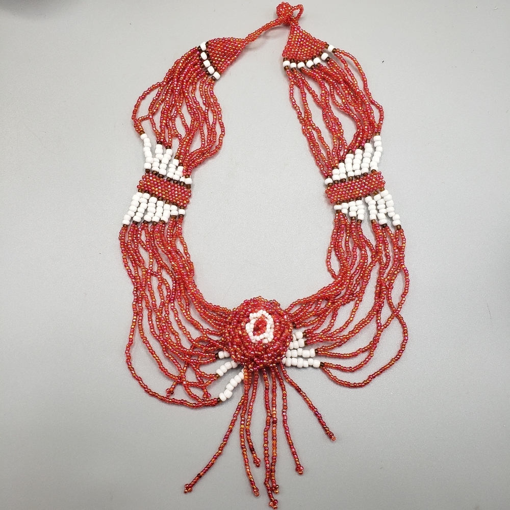Native Red & White Glass Beads Bib Choker - Bohemian Artisan Vintage Handcrafted